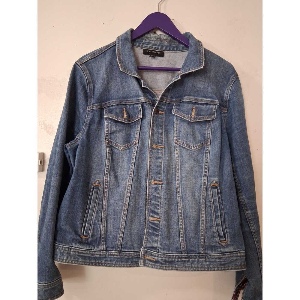 Talbots Womens XL Denim Jacket Medium Wash Striped Trim Stretch Trucker Blue
